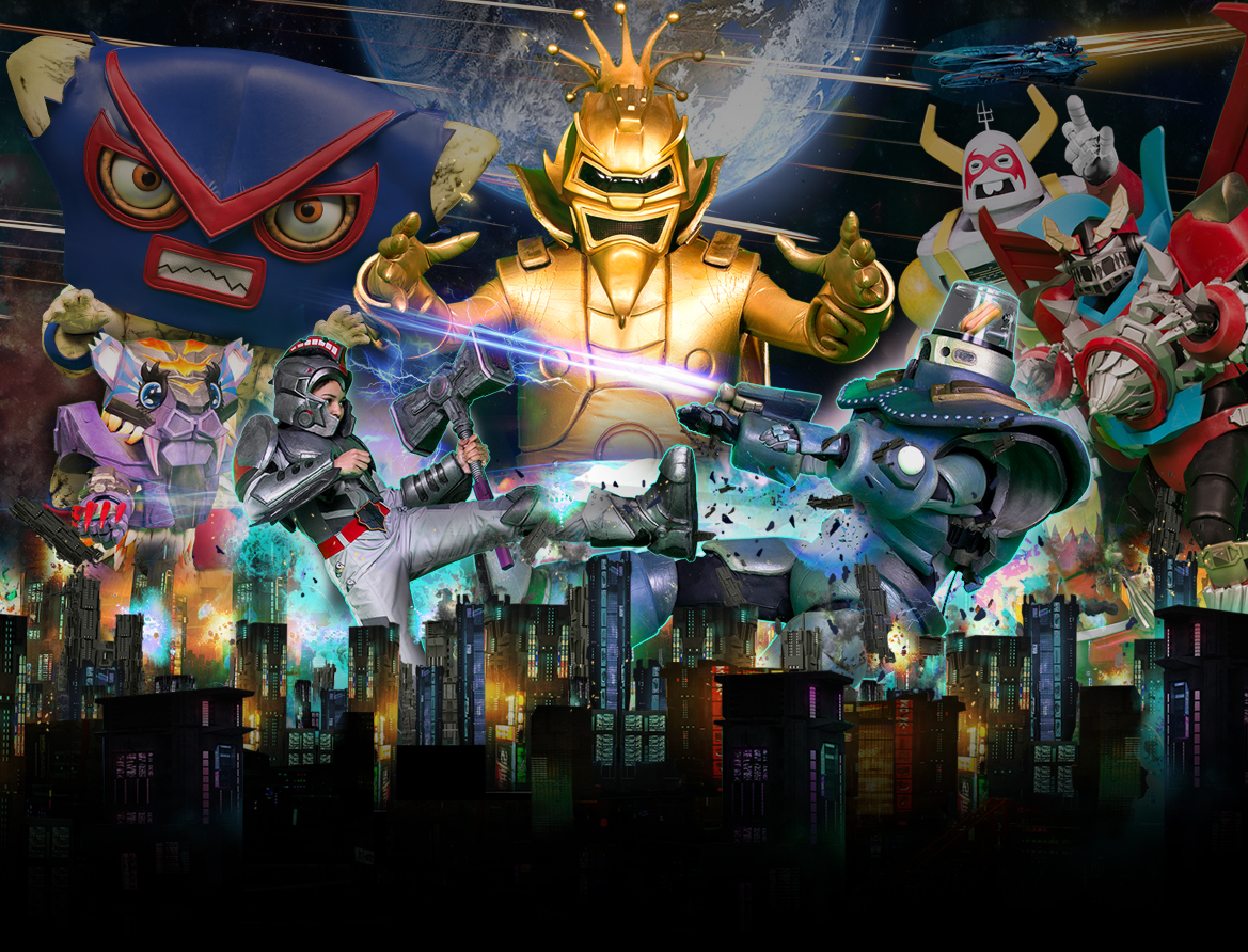 group of robots watching a robot and brave child battle above city skyline